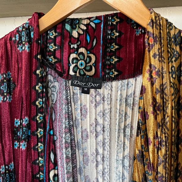 Dor Dor Couture Velvet Duster (Long Vest) in Burgundy & Mustard, Size M•••Boho - Picture 14 of 16